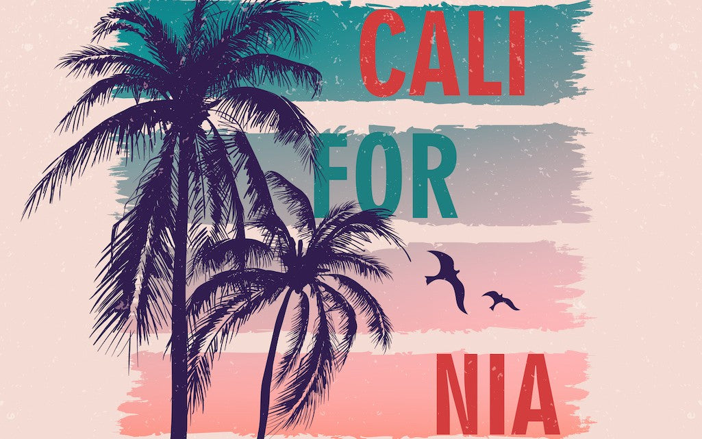 A print of palm trees over colorful streaks, upon which is written "California"