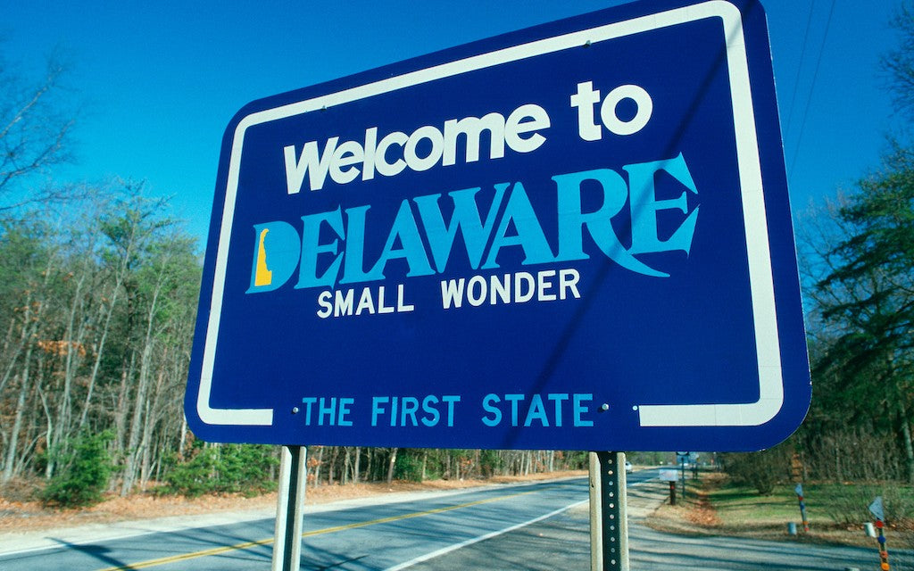A blue road sign saying "Welcome to Delaware. The First State. 'Small Wonder.'"