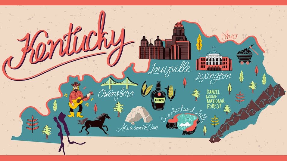 A drawing of the state of Kentucky showing major attractions throughout the state