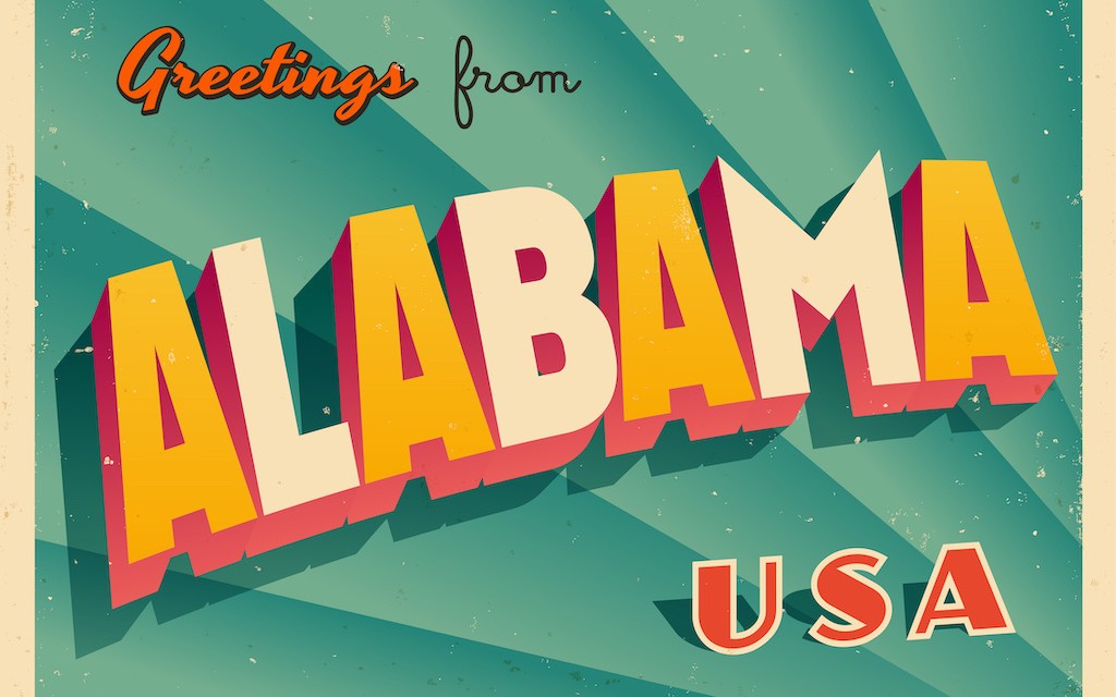 A postcard- style image that says "Greetings from Alabama USA"
