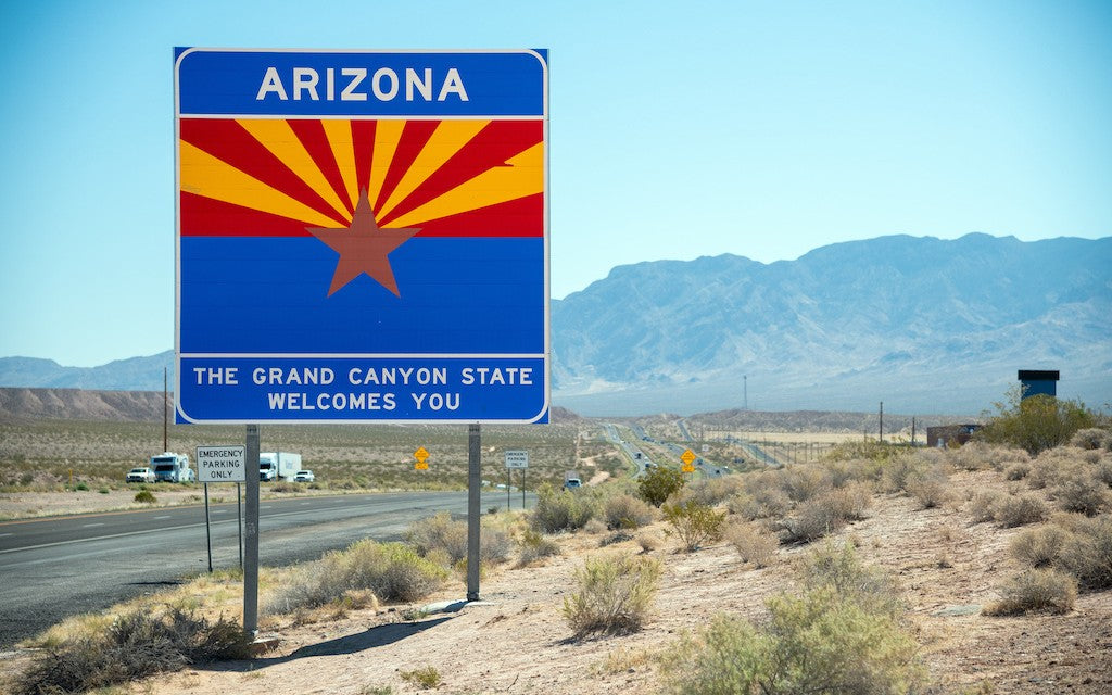 An Arizona state highway sign welcoming drivers to the Grand Canyon State