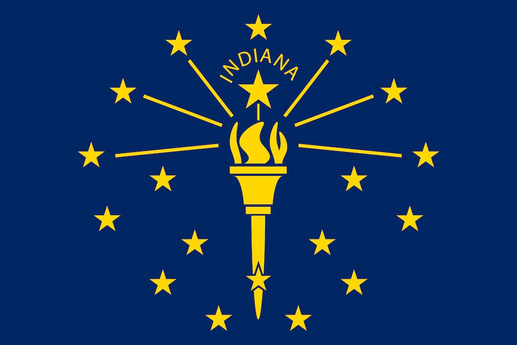 The Indiana state flag; a dark blue background with a golden torch and stars