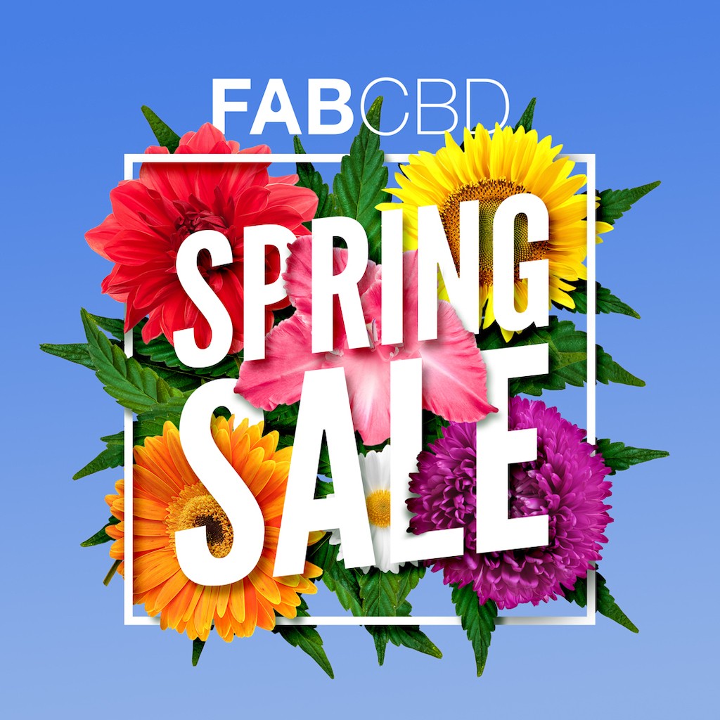 a bouquet of flowers in front of a blue sky with "FAB CBD Sring Sale" written