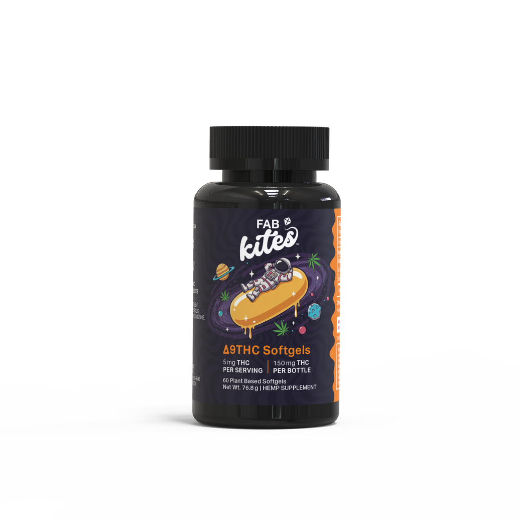 Dark plastic bottle with a black ribbed cap and a colorful "FAB kites Δ9THC Softgels" label showing an astronaut on a pastry.