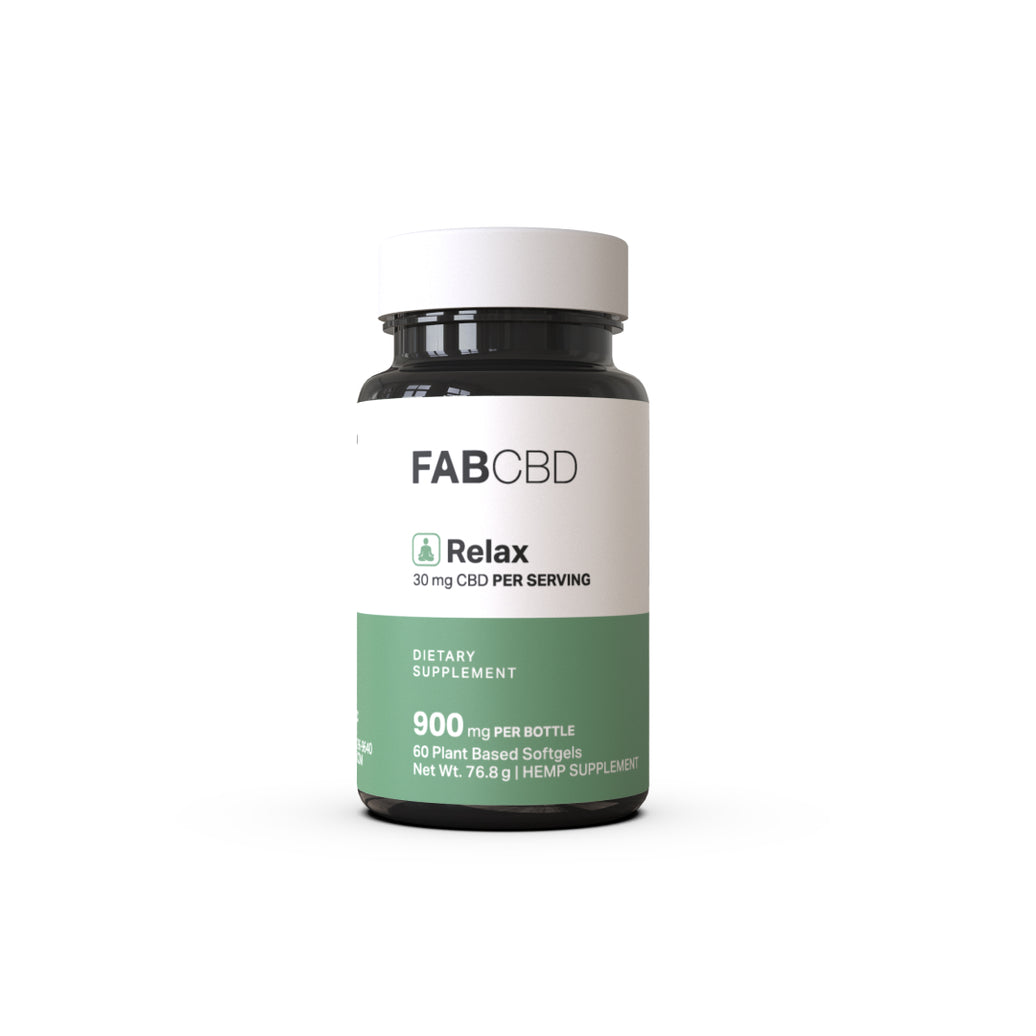 FABCBD Relax dietary supplement bottle with white cap and green label stating 900 mg per bottle, 30 mg per serving