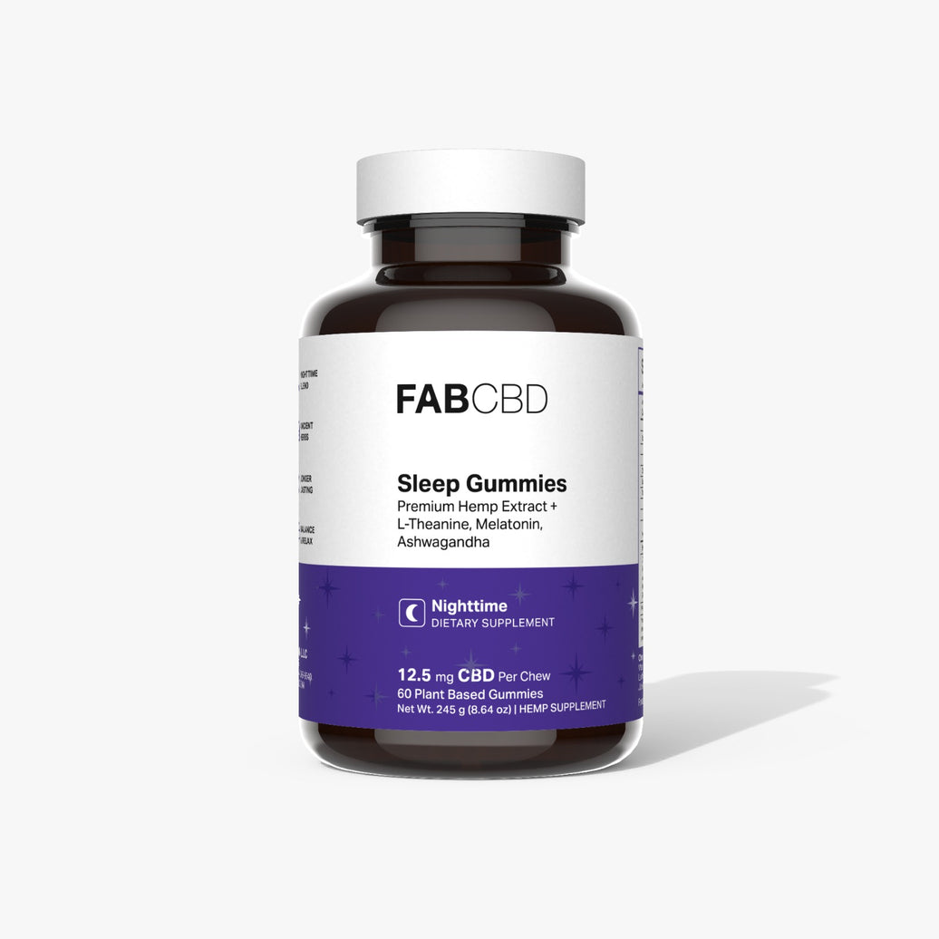 FABCBD Sleep Gummies brown bottle with white cap and purple label for nighttime CBD supplement