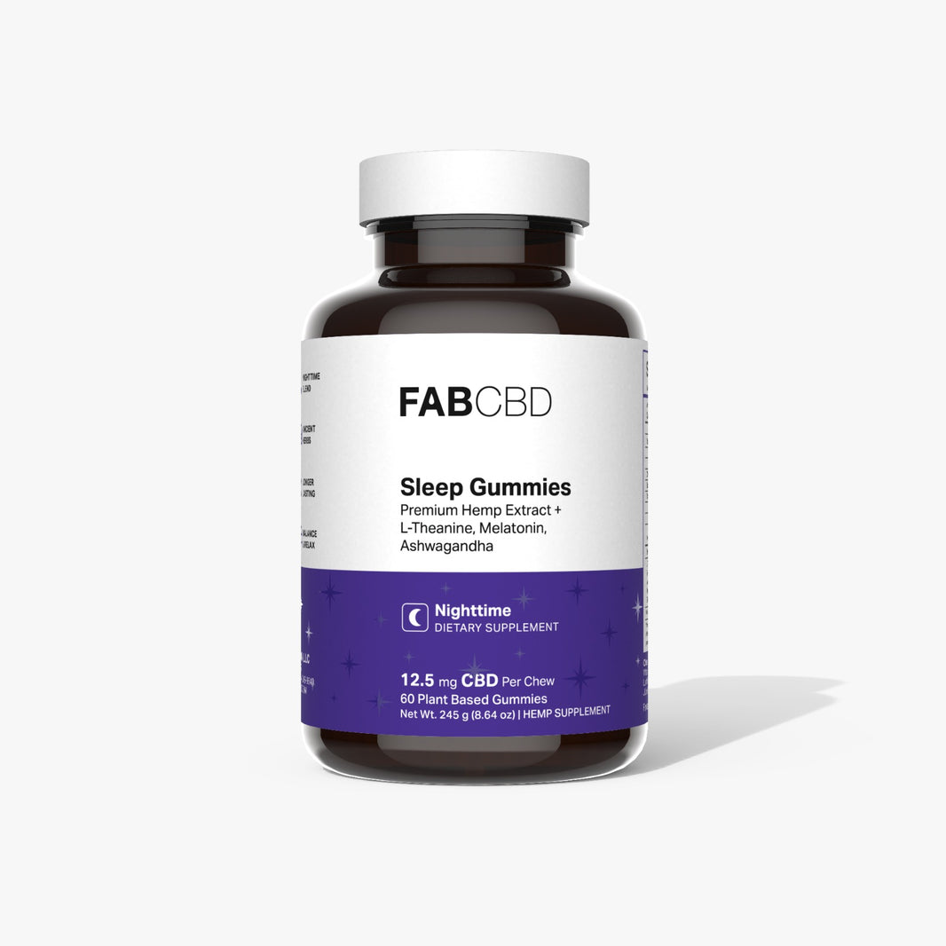 FABCBD Sleep Gummies brown bottle with white cap and purple label for nighttime CBD supplement