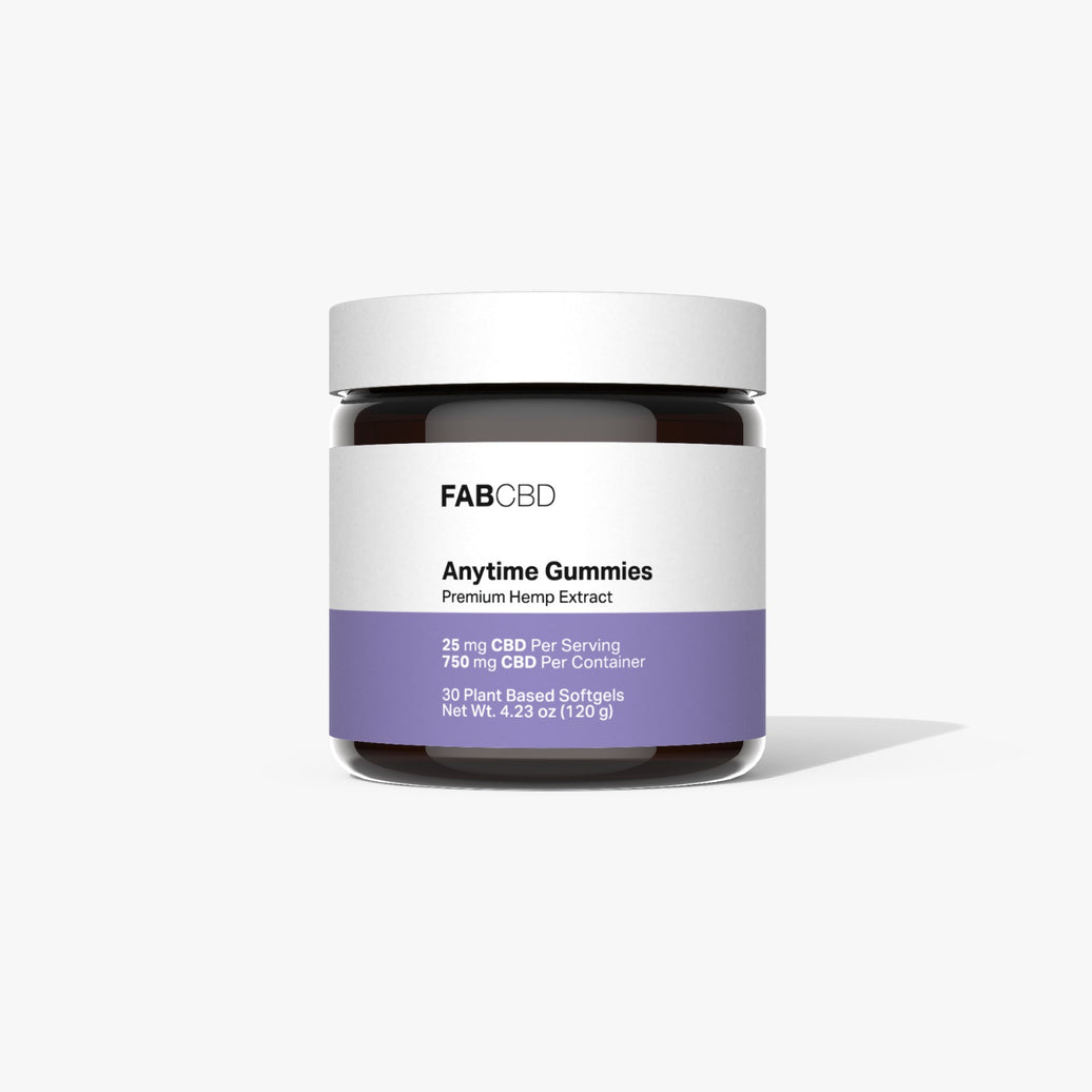 FAB CBD Anytime Gummies jar with white lid and purple label showing product name and CBD dosage information