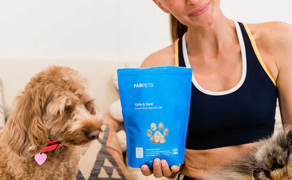 woman holding bag of fab cbd dog treats with her dog