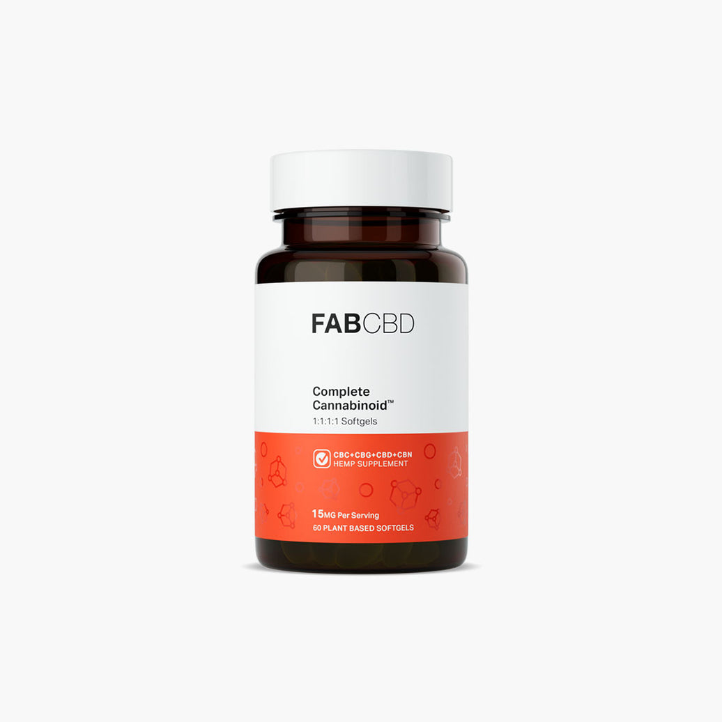 Centered front view of a FABCBD Complete Cannabinoid CBD Softgels amber bottle with white cap and a white-and-orange label against a white background