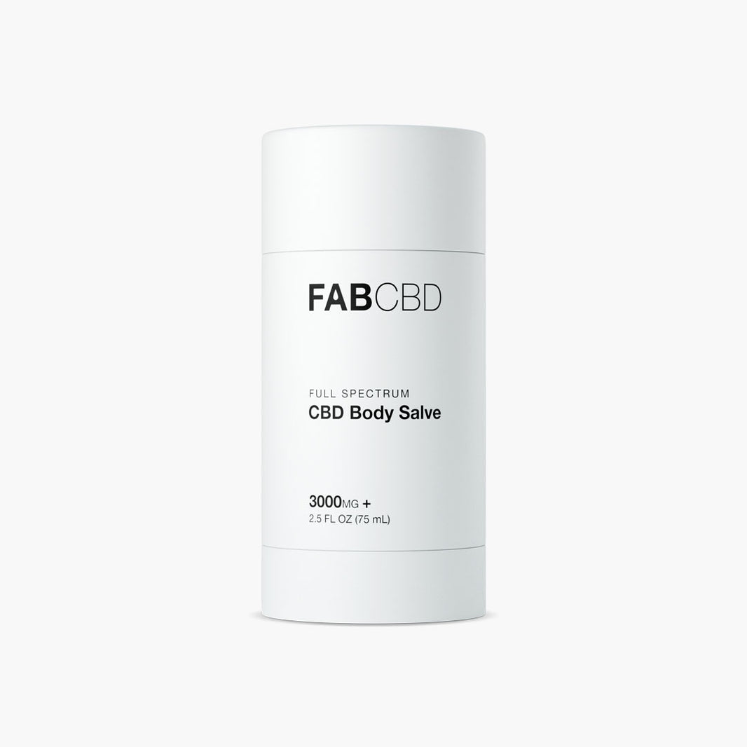 Centered front view of the FABCBD CBD Body Salve in a white cylindrical container on a pale background.