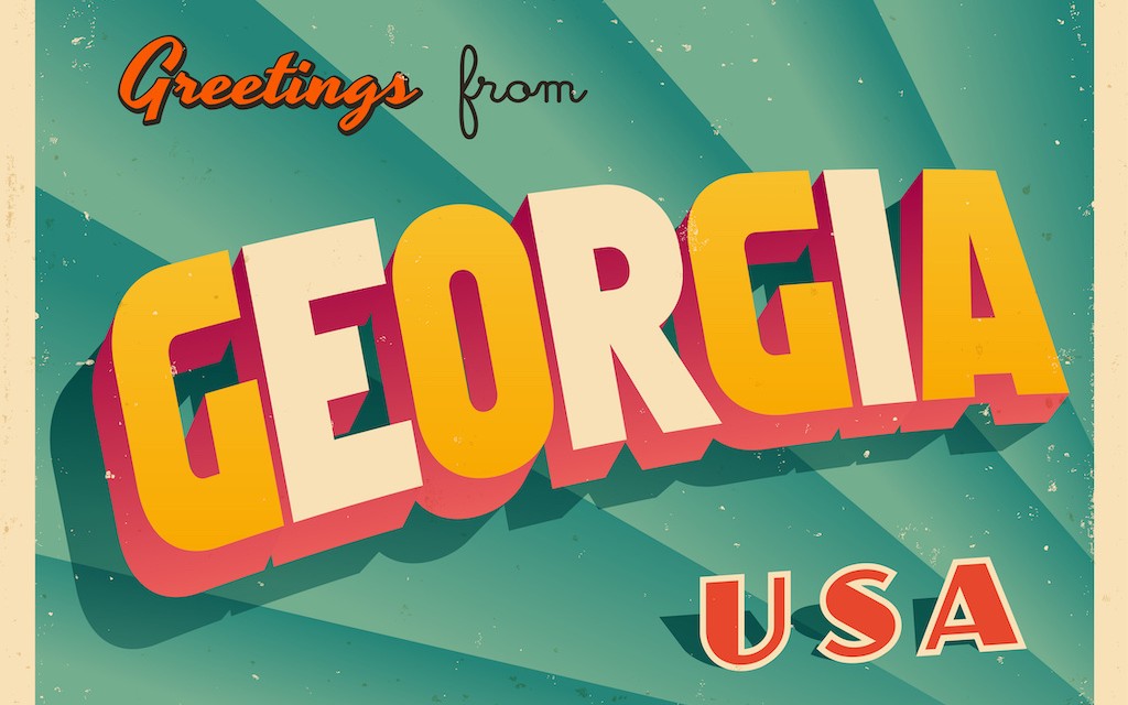 A colorful postcard image says "Greetings from Georgia USA"