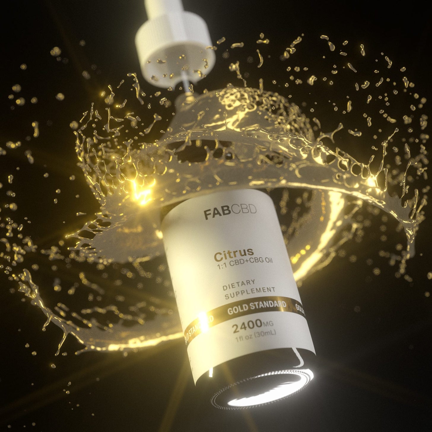 A bottle of CBD + CBG oil on a black background with the cap and dropper lifting as golden liquid sprays artistically in a spiral around the bottle