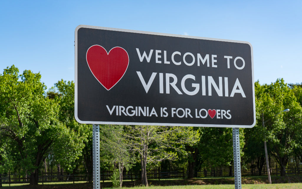 A highway sign surrounded by trees that says, "Welcome to Virginia. Virginia is for lovers."