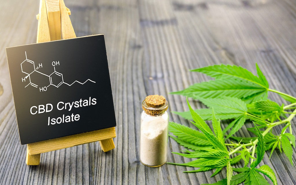A small glass bottle of crystals next to a bunch of hemp leaves and a mini chalkboard that says "CBD Crystals Isolate" 