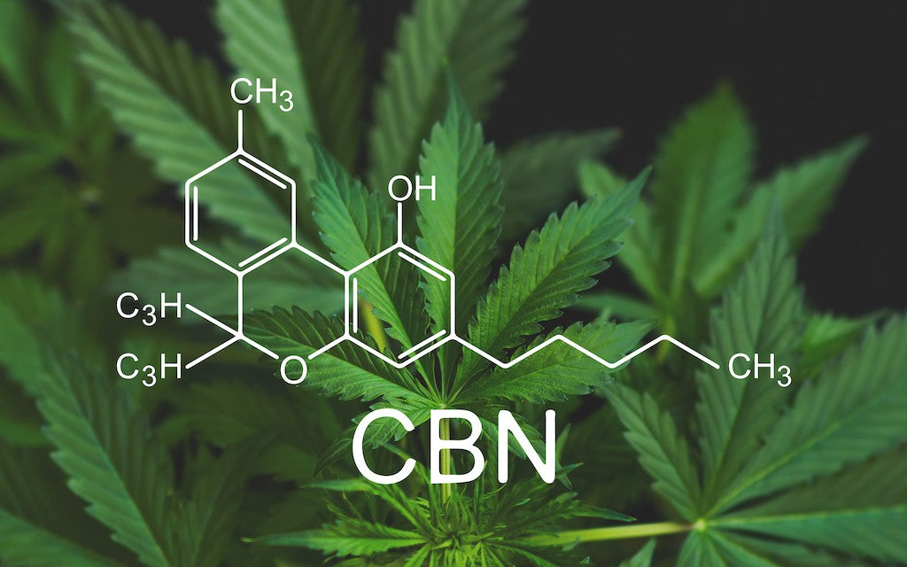 a chemical drawing of CBN with a background of hemp plants