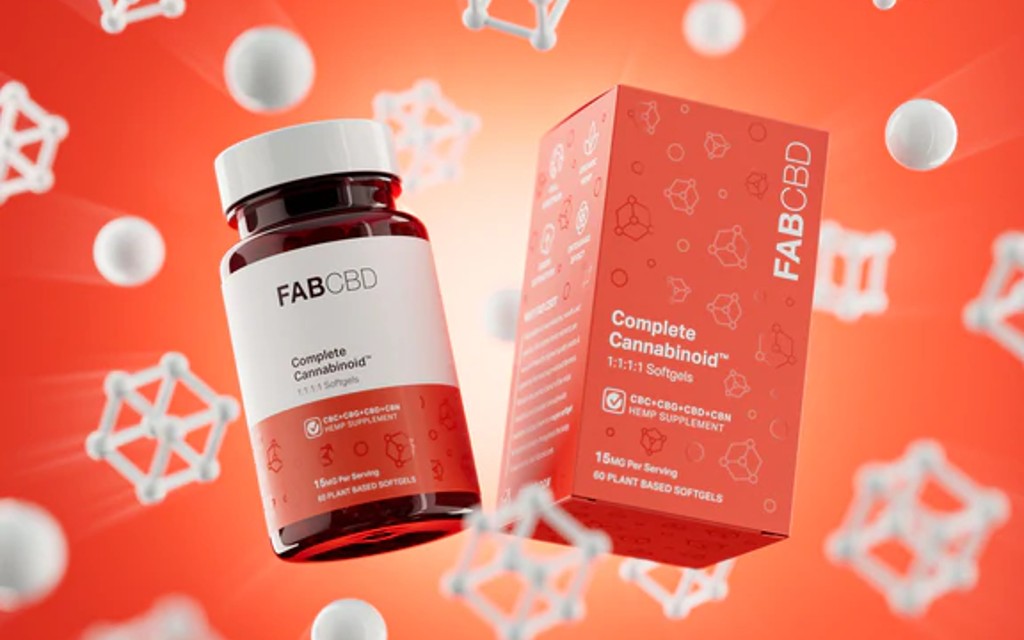 A red and white complete cannabinoid bottle and the box it comes in float on a red background with 3-d molecular structures floating around. 