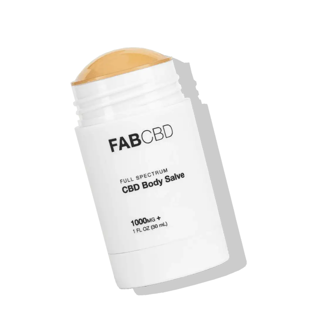 FAB CBD Full Spectrum CBD Body Salve stick with visible tan balm and white labeled 1000mg container