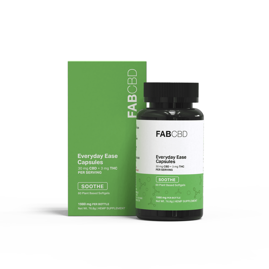 Green FAB CBD "Everyday Ease" supplement box and matching bottle labeled Soothe capsules, partial front view.