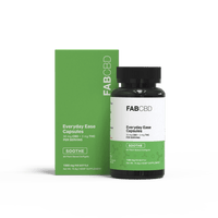 Fab CBD Everyday Ease Softgels bottle and green box with white and black text, vegan capsules label.