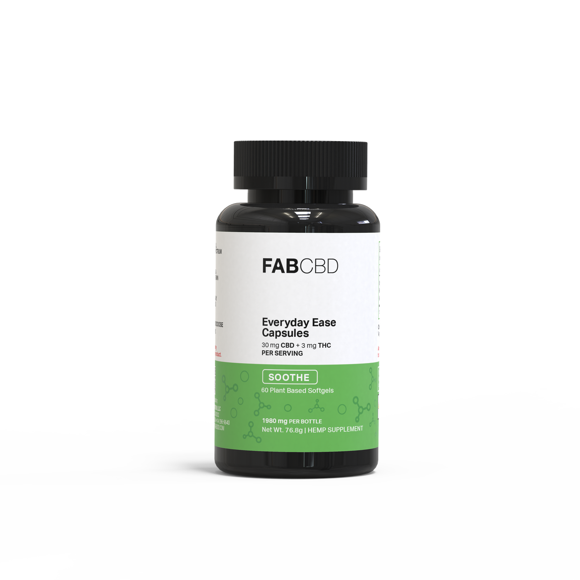 Black bottle of FAB CBD Everyday Ease Capsules with green and white label, vegan softgels, 33mg per serving.