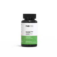 Black bottle of FAB CBD Everyday Ease Capsules with green and white label, vegan softgels, 33mg per serving.