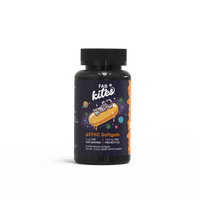 Black bottle of Fab Kites D9 THC Softgels with colorful skateboard and bold orange label accents.