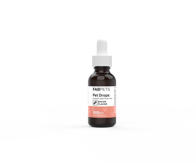 Dark amber glass dropper bottle labeled FabPets Pet Drops Bacon Flavor CBD Oil for Pets, 500 mg concentration.