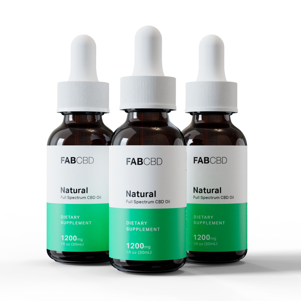 Front-facing trio of FABCBD Natural CBD Oil 1200mg - 3 Pack amber dropper bottles with white caps and green labels on a white background.