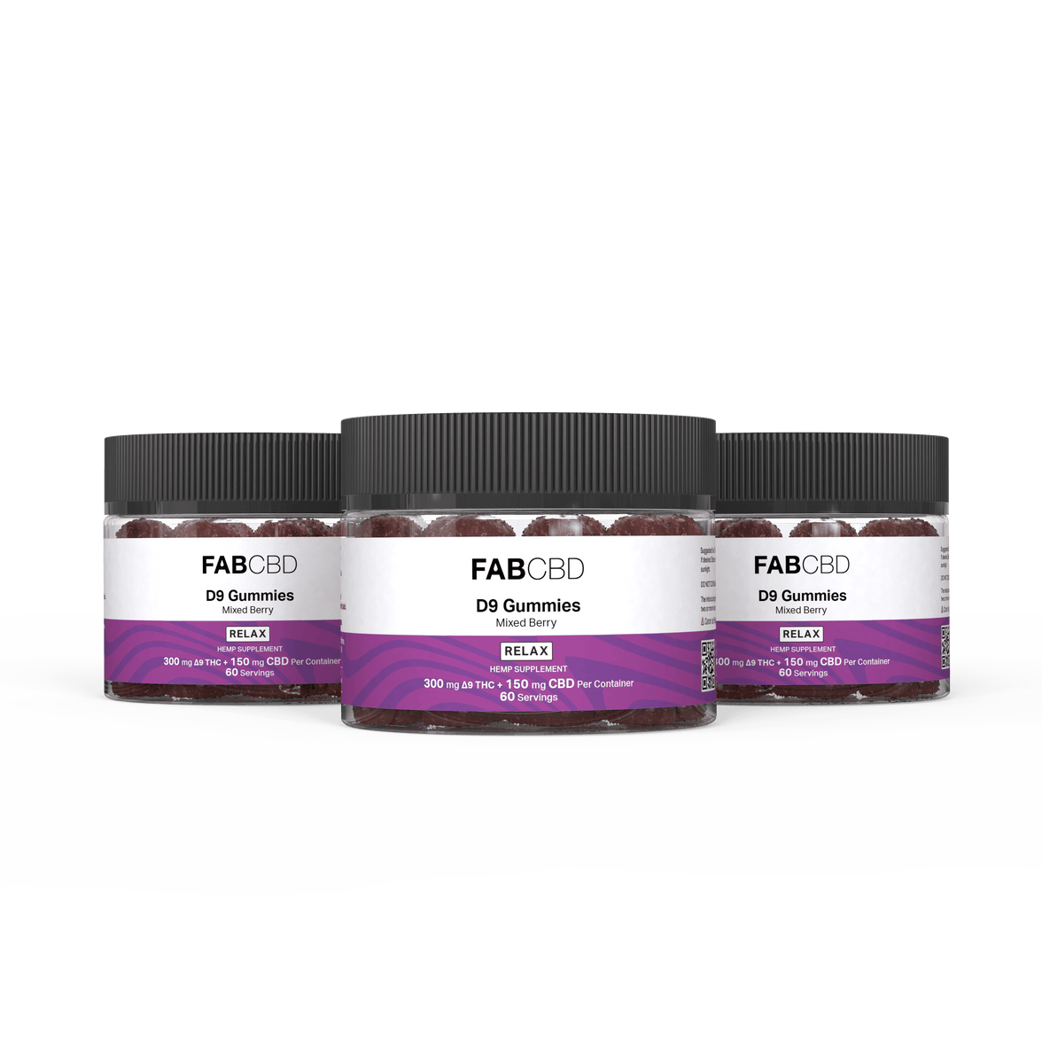 Close-up front view of three jars of Delta 9 Gummies: 3-Pack with black ribbed lids and purple mixed-berry labels.