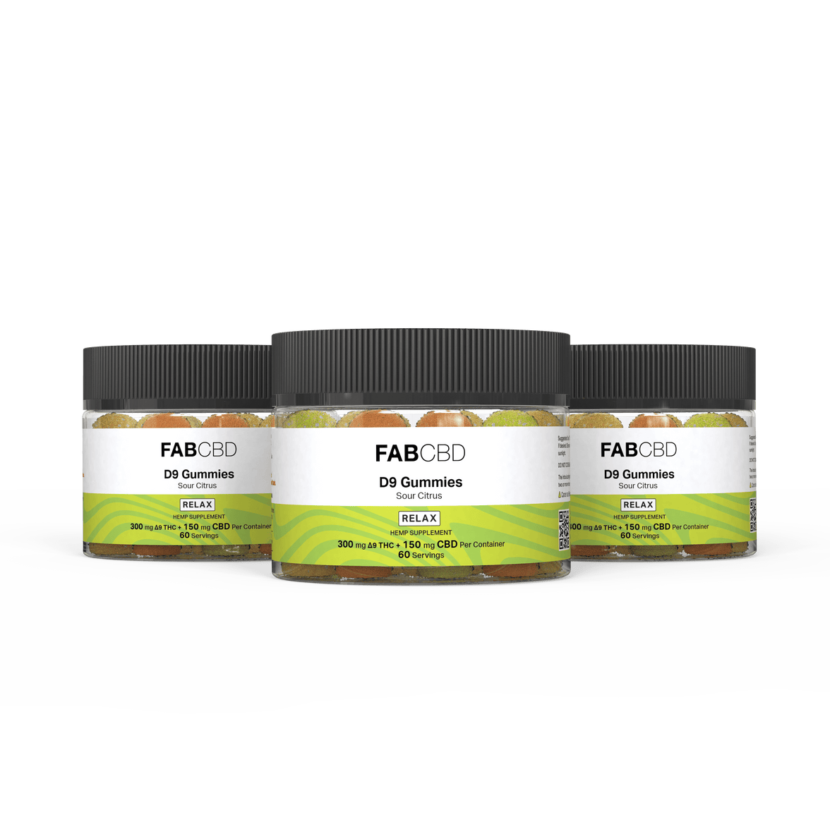 Front view of three jars labeled "Delta 9 Gummies: 3-Pack" with black ribbed lids and visible sour citrus gummies through clear containers.