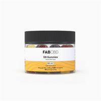 Centered front view of a jar of FABCBD Delta 9 Gummies with a black ribbed lid and a white-and-yellow label showing assorted sour sugar-coated gummies inside.