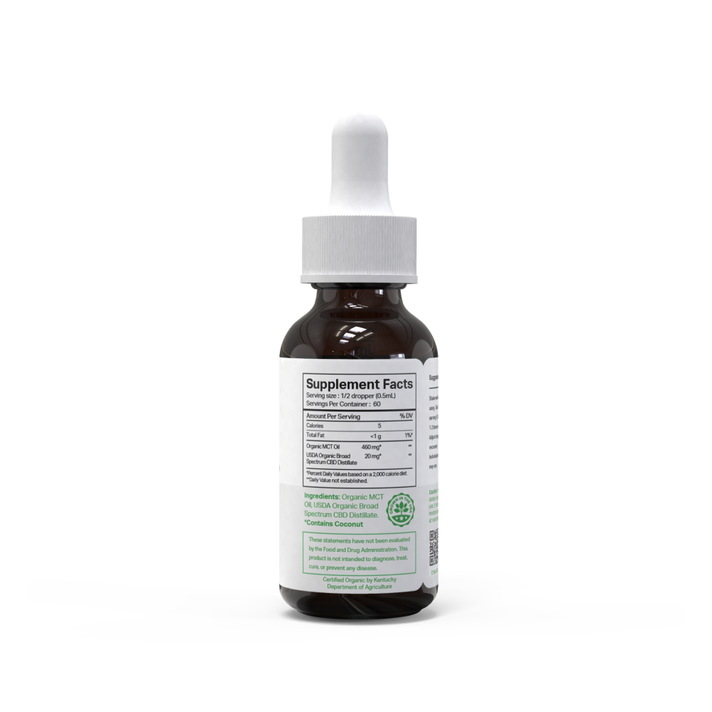 Side label of an amber glass dropper bottle of FAB CBD oil with a white cap, showing a 'Supplement Facts' panel with serving size of 1/2 dropper (0.5mL), 60 servings per container, 5 calories, less than 1g total fat, 460mg organic MCT oil, and 20mg USDA organic broad spectrum CBD distillate per serving, with ingredients listing organic MCT oil, organic broad spectrum CBD distillate, and coconut, shown against a plain white background.
