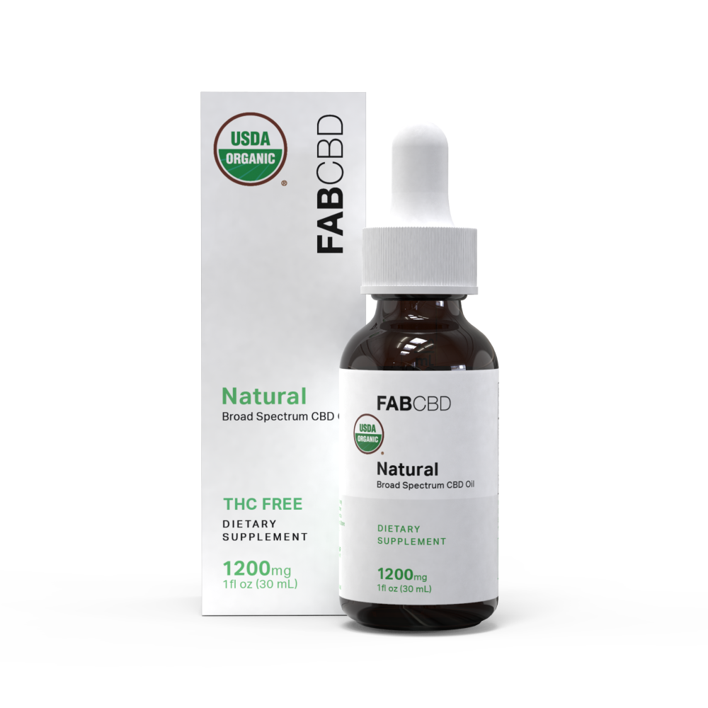 FAB CBD 1200 mg Natural broad-spectrum CBD oil bottle with white dropper beside its white product box showing USDA Organic badge
