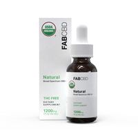 FAB CBD 'Natural' Broad Spectrum CBD Oil, showing a white box with a green USDA Organic seal next to an amber glass dropper bottle with a white cap and matching white label, both displaying 'THC Free, Dietary Supplement, 1200mg, 1 fl oz (30 mL),' on a white background.