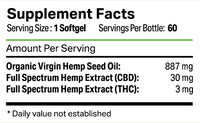 Supplement facts label for a hemp softgel showing 1 softgel serving size with 60 servings per bottle, featuring Organic Virgin Hemp Seed Oil 887mg, Full Spectrum Hemp Extract (CBD) 30mg, and Full Spectrum Hemp Extract (THC) 3mg per serving.