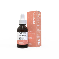 Small amber glass dropper bottle labeled Fabpets Pet Drops Bacon Flavor 600 mg next to tall orange box with product details.