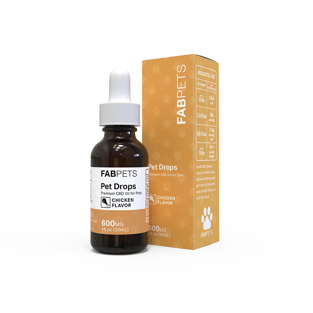Brown glass dropper bottle labeled Fabpets Pet Drops Chicken Flavor 600 mg CBD next to orange box packaging with pet paw icon.
