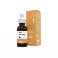 Brown glass dropper bottle labeled Fabpets Pet Drops Chicken Flavor 600 mg CBD next to orange box packaging with pet paw icon.