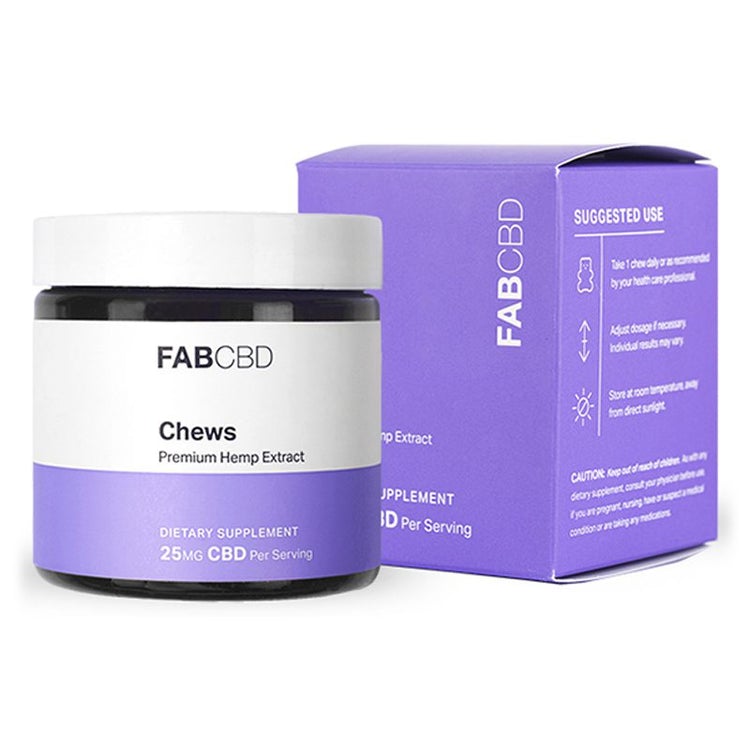Jar of FAB CBD Anytime Gummies with white lid and purple label next to matching purple product box.