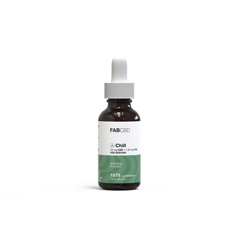 Centered front view of the FABCBD Chill THC Oil dropper bottle against a white background, showing its white label and green accent.