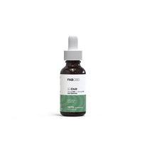 Centered front view of the FABCBD Chill THC Oil dropper bottle against a white background, showing its white label and green accent.