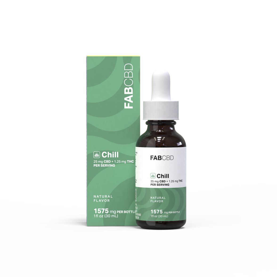 Close-up front view of the Chill THC Oil 30mL bottle and matching green box with white dropper cap against a white background.