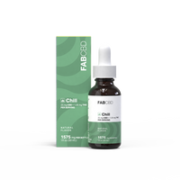 Close-up front view of the Chill THC Oil 30mL bottle and matching green box with white dropper cap against a white background.