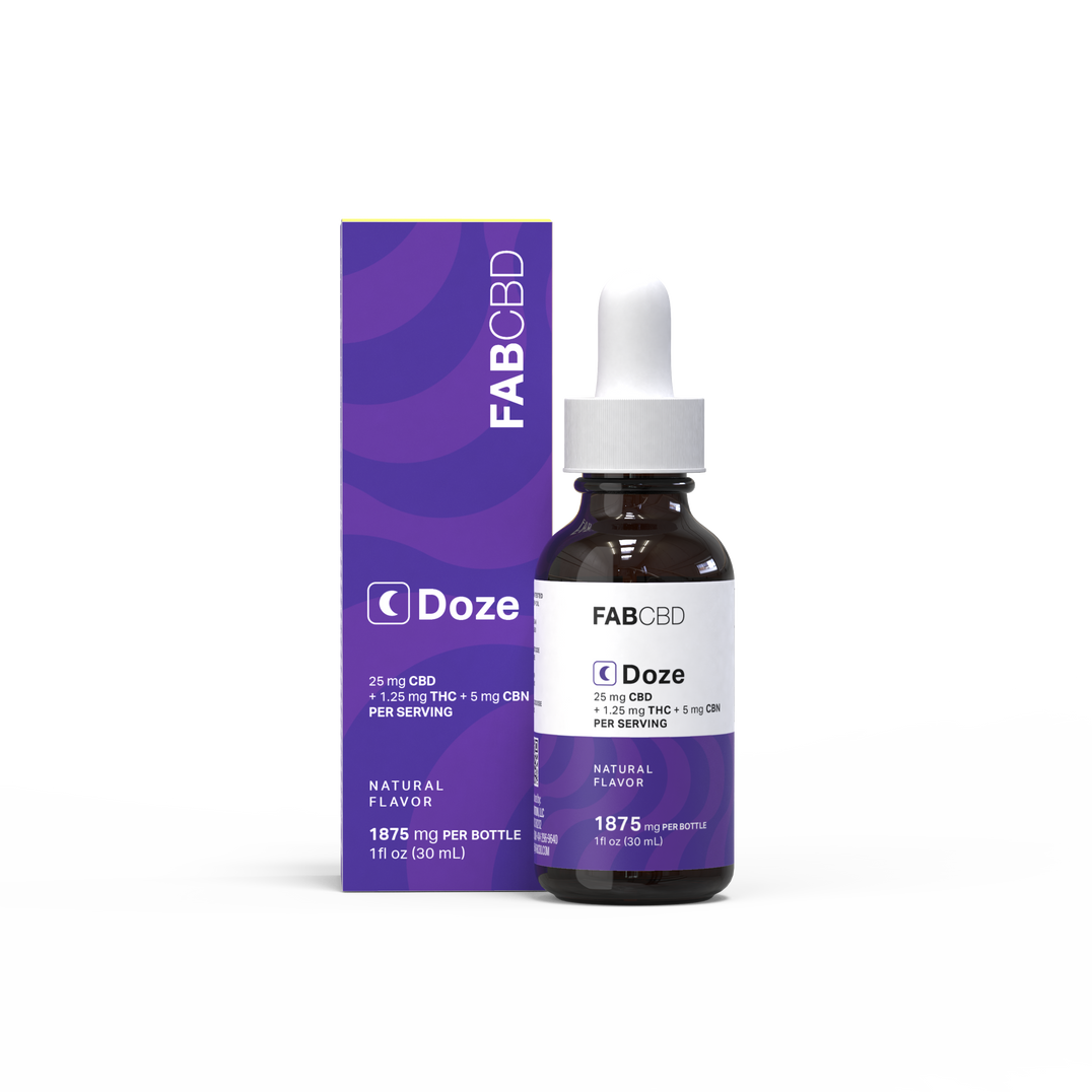 Purple FAB CBD Doze tincture box and matching dropper bottle shown side by side on white background