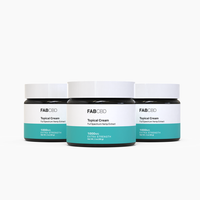 Three white jars of FAB CBD Elite Test topical cream with teal and black labels on white background.
