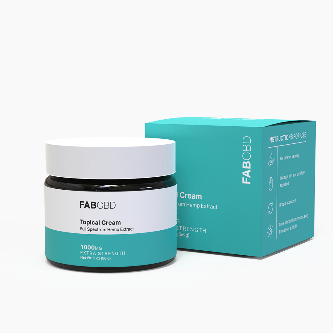 FabCBD Elite topical cream jar and teal box with white and black labeling, 1000mg CBD content.