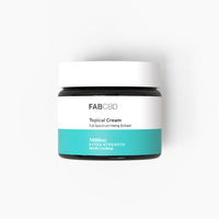 FAB CBD Elite Test topical cream jar with white lid and teal label detailing 1000mg extra strength full spectrum hemp extract.