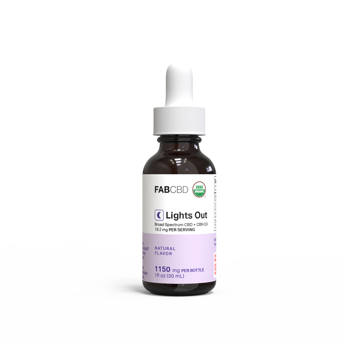 Amber glass dropper bottle of FAB CBD 'Lights Out' broad spectrum CBD + CBN oil with a white cap and lavender label featuring a green USDA Organic seal, displaying '19.2 mg Per Serving, Natural Flavor, 1150 mg Per Bottle, 1 fl oz (30 mL),' shown against a plain white background.