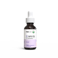 Amber glass dropper bottle of FAB CBD 'Lights Out' broad spectrum CBD + CBN oil with a white cap and lavender label featuring a green USDA Organic seal, displaying '19.2 mg Per Serving, Natural Flavor, 1150 mg Per Bottle, 1 fl oz (30 mL),' shown against a plain white background.